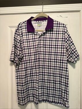 Izod Purple and White Plaid Golf Polo with Deep Purple Collar
